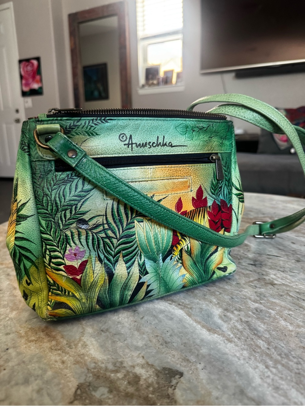 Anuschka Hand-Painted Jungle Print Green Wristlet Pouch - Picture 6 of 11
